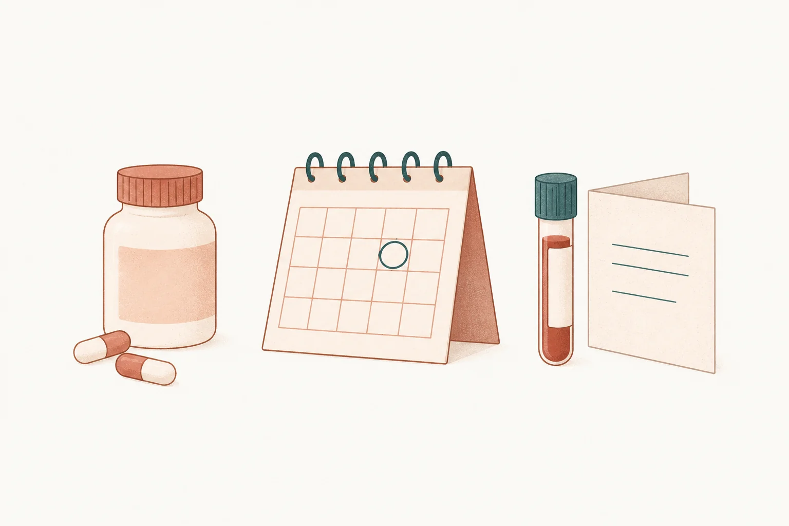 Illustration av tillskott, kalender, provrör och vårdplan.